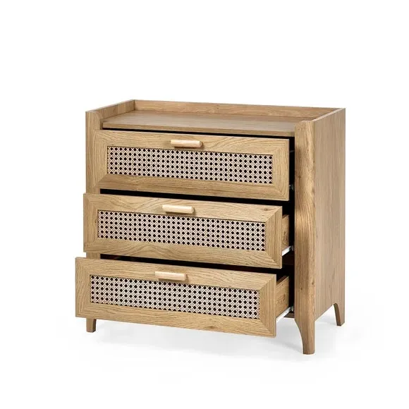 3-Drawer Chest with Rattan Design - Brown, Oak