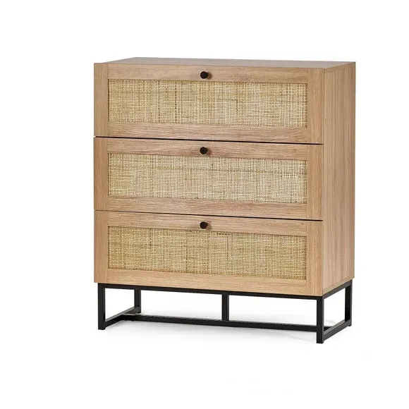 3-Drawer Chest with Rattan Details - Oak