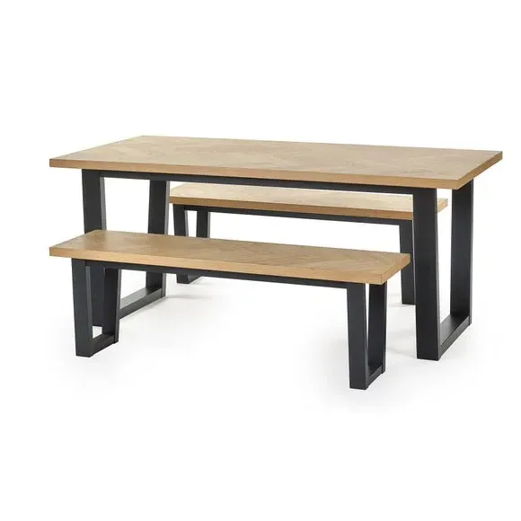 4-Seater Dining Set with Benches - Oak Veneer