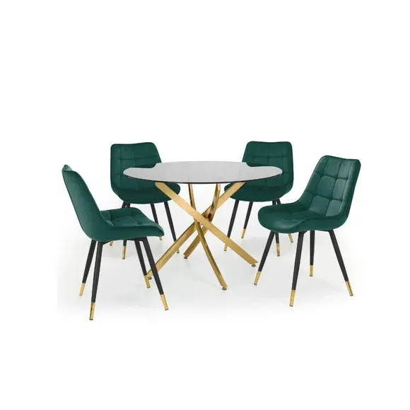 4-Seater Round Dining Set - Green, Velvet
