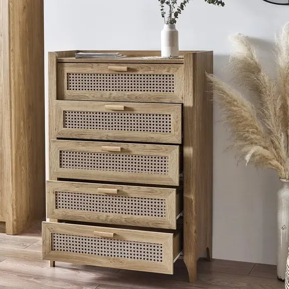 5-Drawer Chest with Rattan Design - Brown, Oak