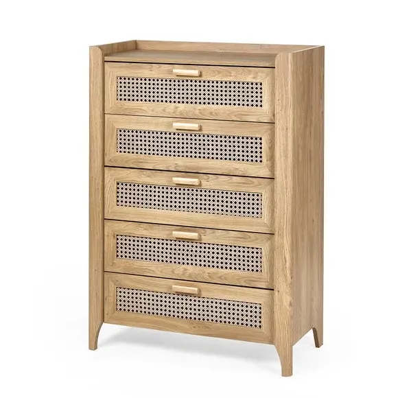 5-Drawer Chest with Rattan Design - Brown, Oak