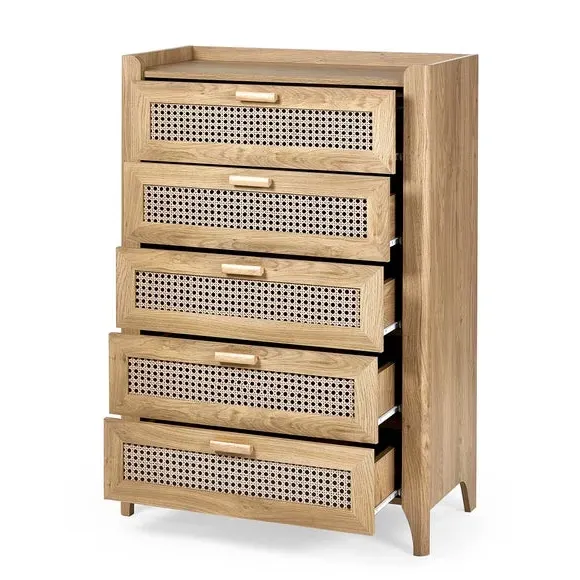 5-Drawer Chest with Rattan Design - Brown, Oak