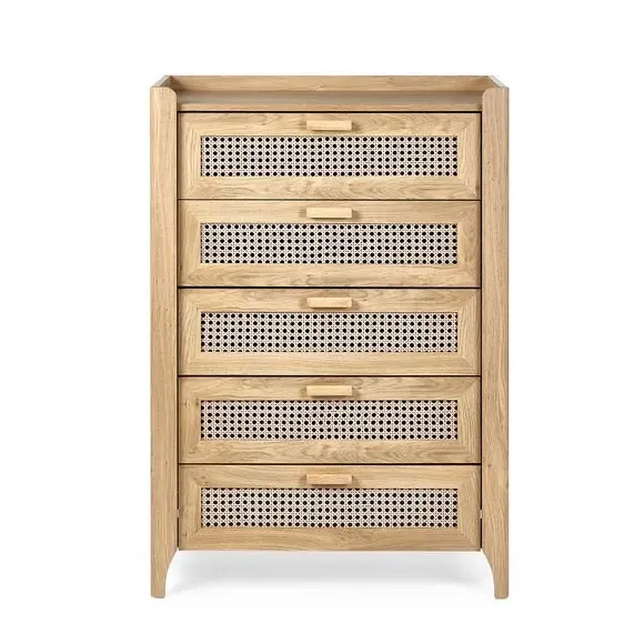 5-Drawer Chest with Rattan Design - Brown, Oak