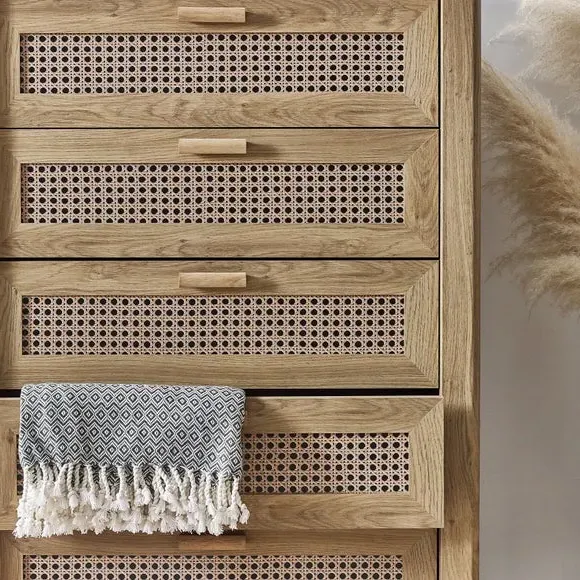 5-Drawer Chest with Rattan Design - Brown, Oak