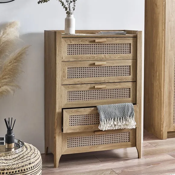 5-Drawer Chest with Rattan Design - Brown, Oak image