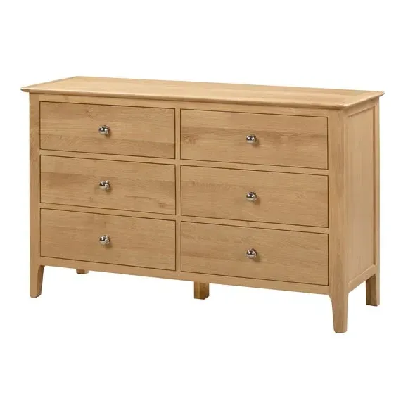 6 Drawer Chest Wide Design - Light Oak, Solid Oak