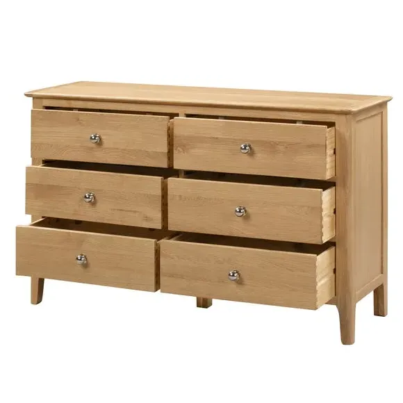 6 Drawer Chest Wide Design - Light Oak, Solid Oak