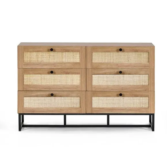 6-Drawer Chest with Rattan Details - Oak