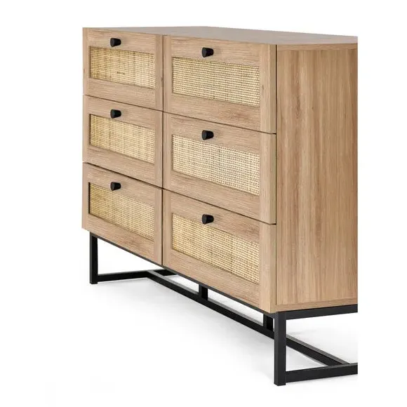 6-Drawer Chest with Rattan Details - Oak