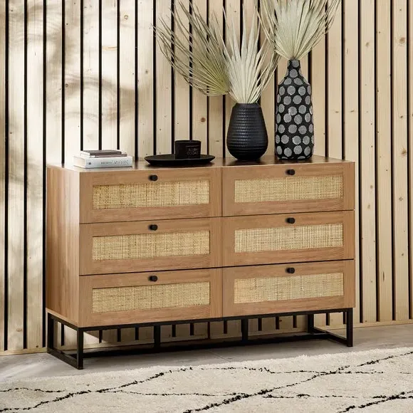 6-Drawer Chest with Rattan Details - Oak image