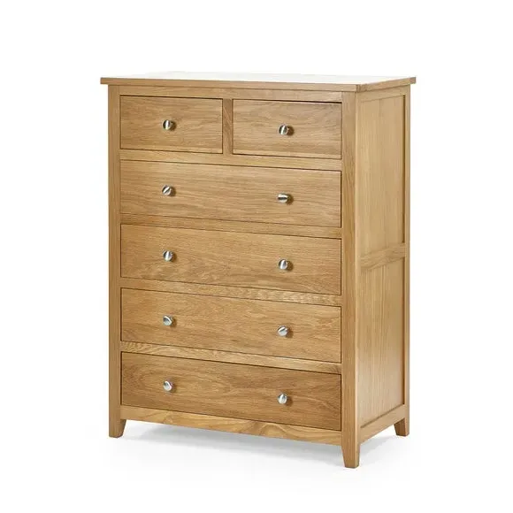 6-Drawer Chest with Silver Knobs - Oak Wood