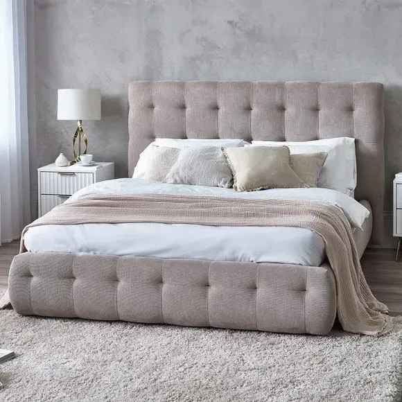 Bed Frame with Tufted Headboard - Taupe, Fabric