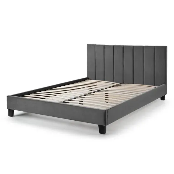 Bed with Fluted Headboard - Grey, Velvet