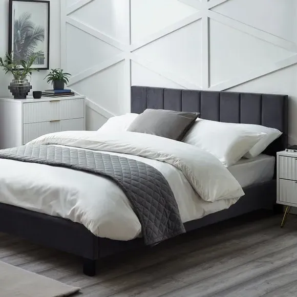 Bed with Fluted Headboard - Grey, Velvet image