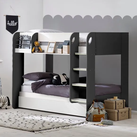 Bunk Bed with Trundle & Shelving - Charcoal