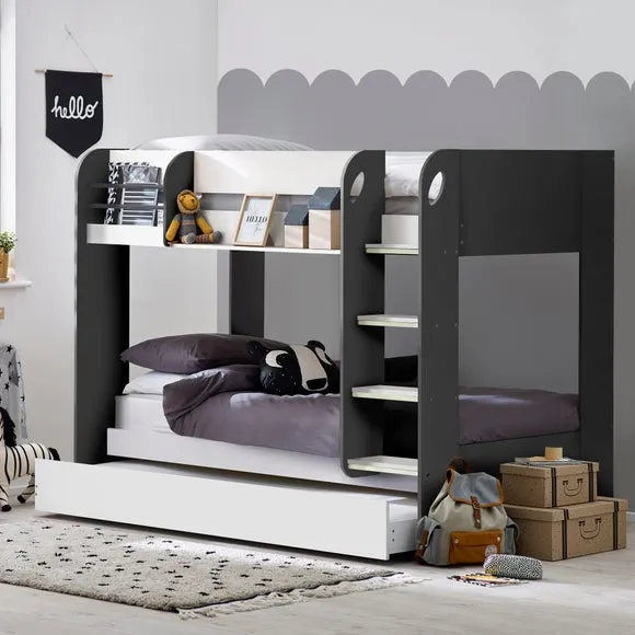 Bunk Bed with Trundle & Shelving - Charcoal
