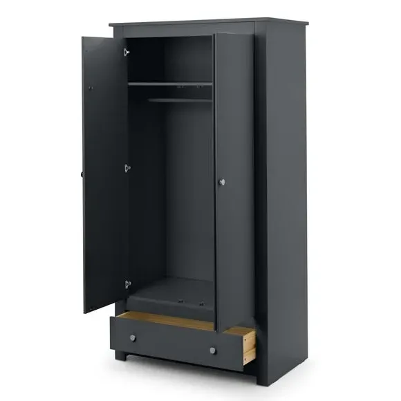 Double Wardrobe with Drawer - Dark Grey, Pine