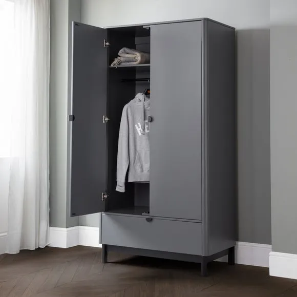 Double Wardrobe with Drawer - Grey, Wood