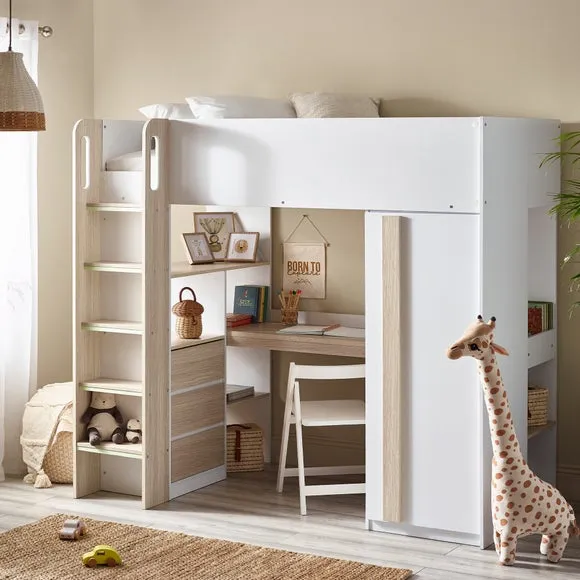 High Sleeper Bed with Desk - Light Wood