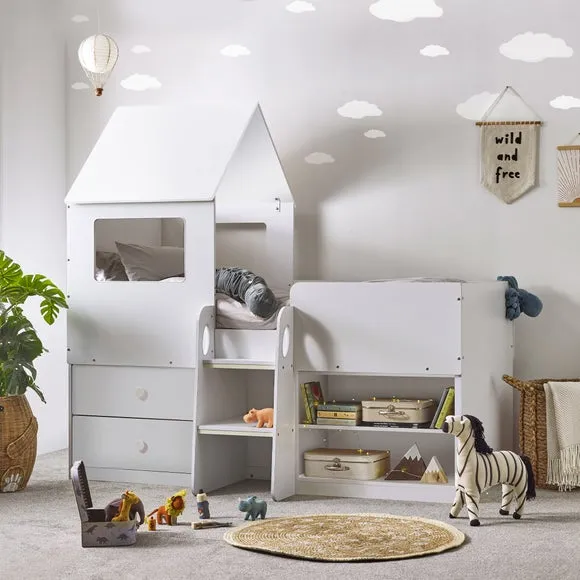 House Style Midsleeper Bed with Storage - White