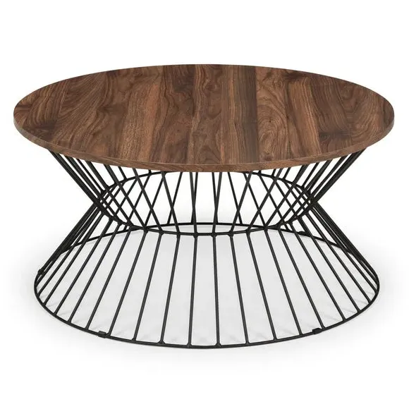 Round Coffee Table with Wire Base - Dark Oak