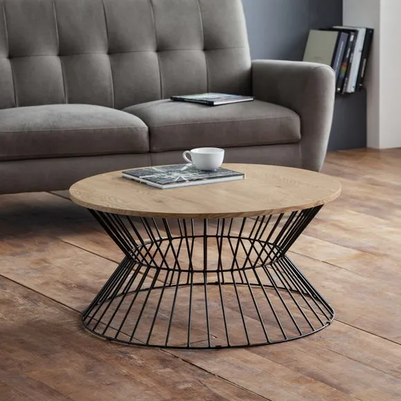 Round Coffee Table with Wire Base - Light Oak