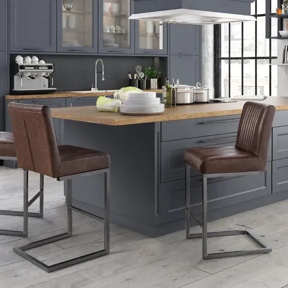 Set of 2 Bar Stools Cantilever - Brown, Faux Leather
