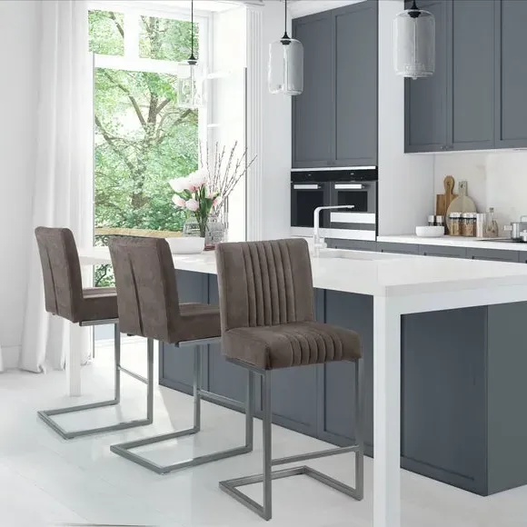 Set of 2 Bar Stools with Cantilever Legs - Grey, Suede