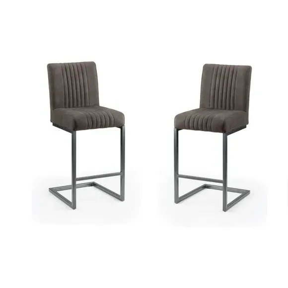 Set of 2 Bar Stools with Cantilever Legs - Grey, Suede