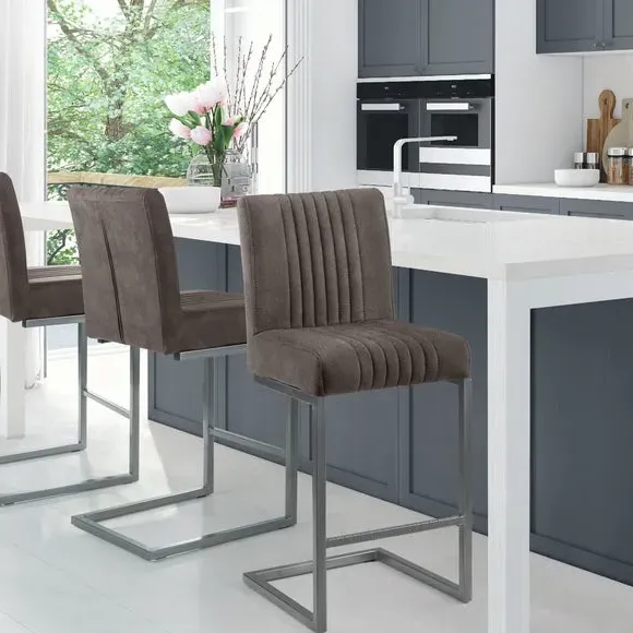 Set of 2 Bar Stools with Cantilever Legs - Grey, Suede image