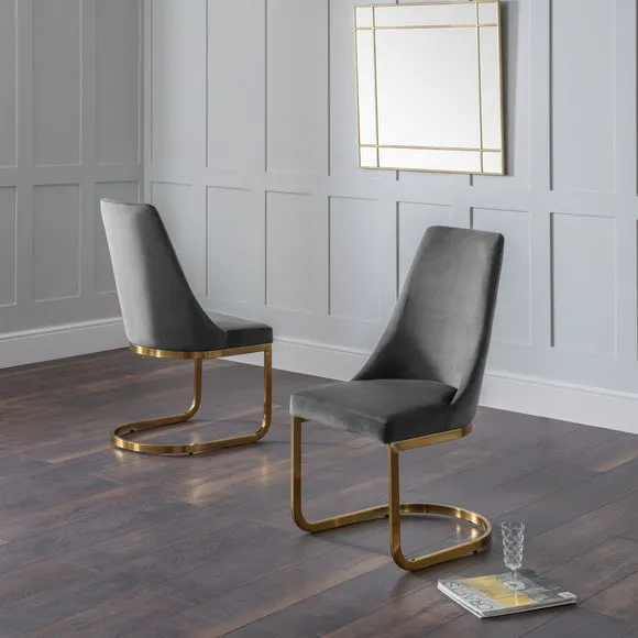 Set of 2 Cantilever Dining Chairs - Grey, Velvet