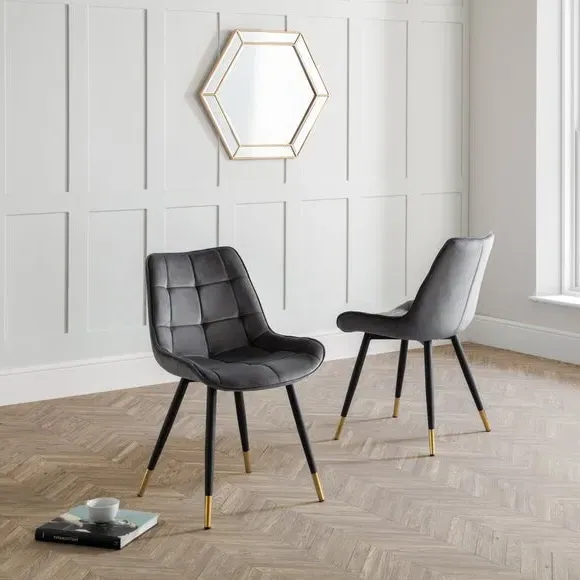 Set of 2 Dining Chairs - Grey, Velvet