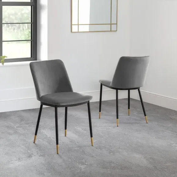 Set of 2 Dining Chairs - Grey, Velvet