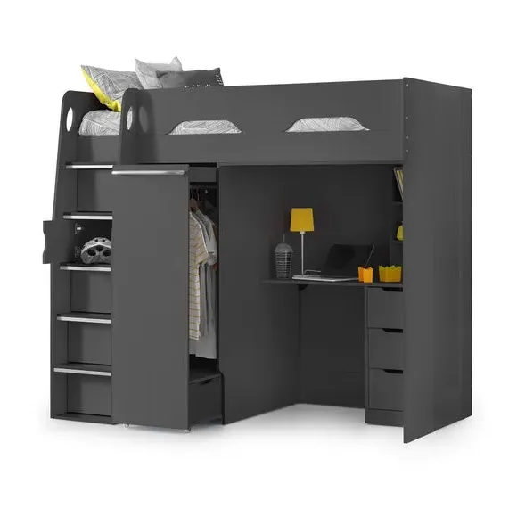 Single High Sleeper with Desk & Wardrobe - Black
