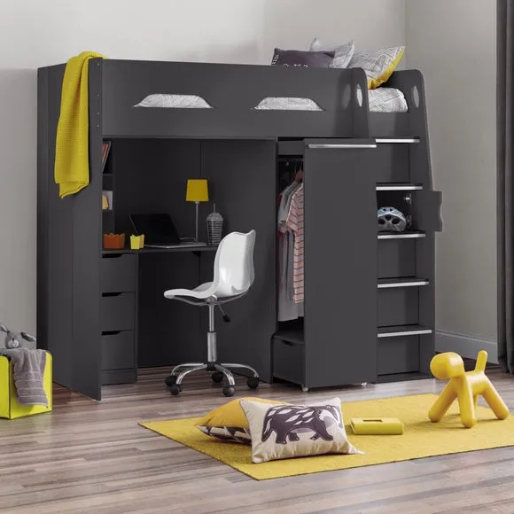 Single High Sleeper with Desk & Wardrobe - Black image