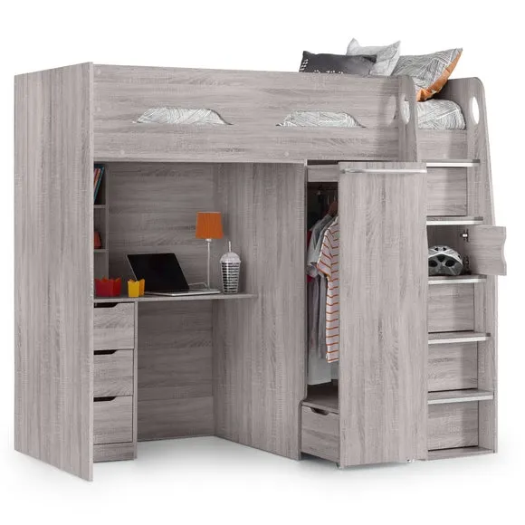 Single High Sleeper with Desk & Wardrobe - Grey
