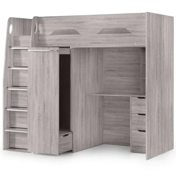 Single High Sleeper with Desk & Wardrobe - Grey