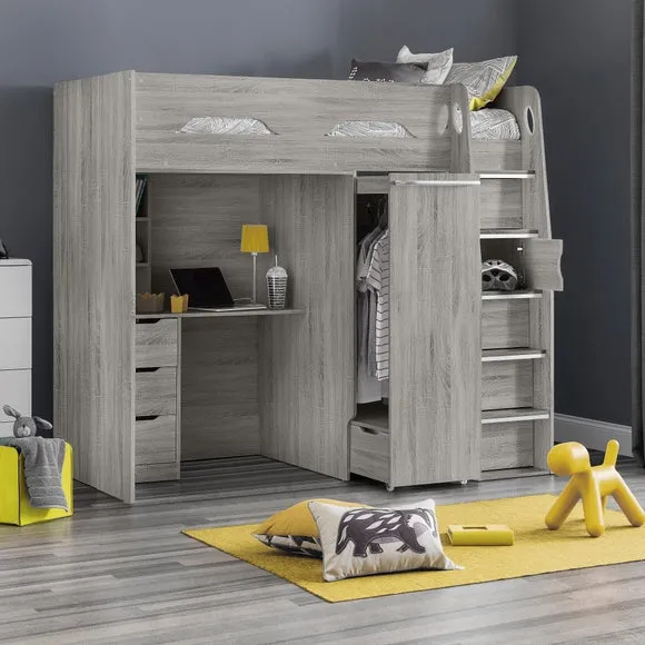 Single High Sleeper with Desk & Wardrobe - Grey