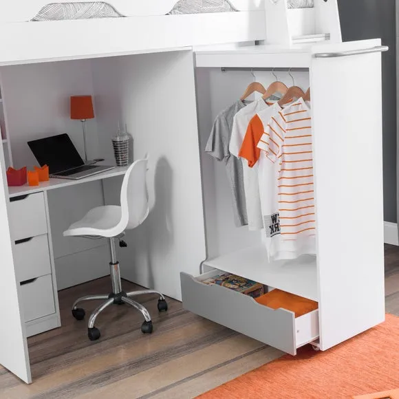 Single High Sleeper with Desk & Wardrobe - White