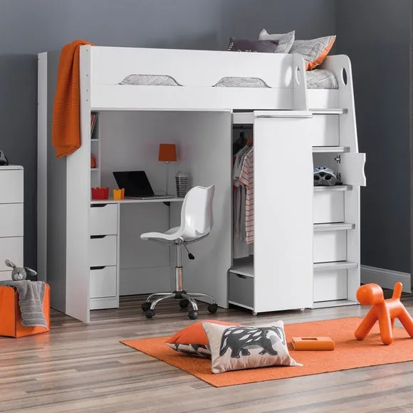 Single High Sleeper with Desk & Wardrobe - White