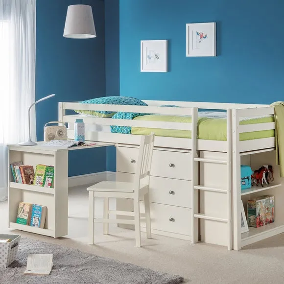 Single Midsleeper Bed with Desk - White, Pine