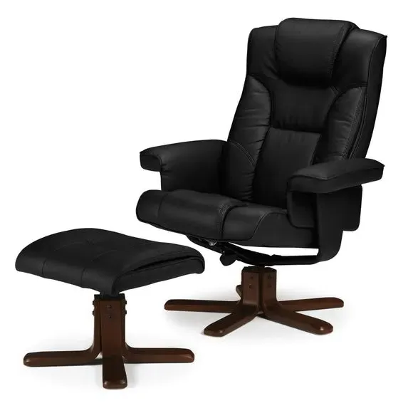 Swivel Recliner with Stool - Black, Faux Leather
