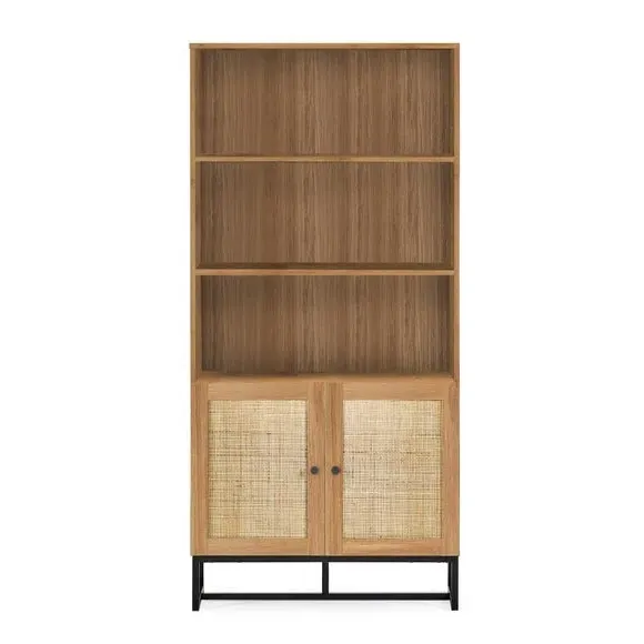 Tall Bookcase with Cupboard - Oak, Rattan