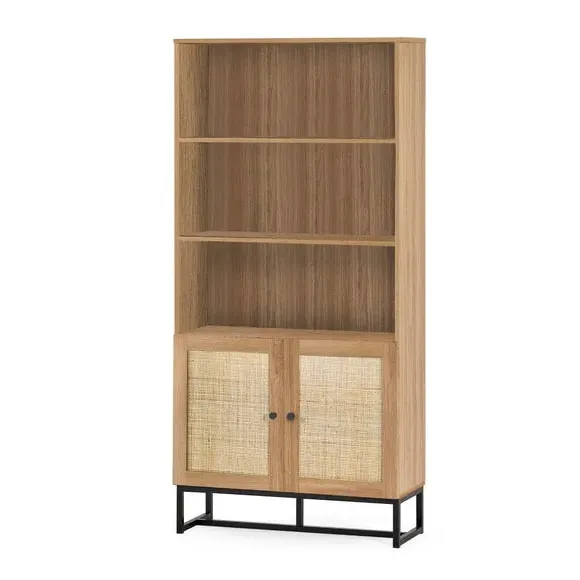 Tall Bookcase with Cupboard - Oak, Rattan