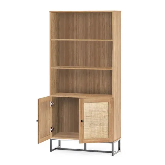 Tall Bookcase with Cupboard - Oak, Rattan