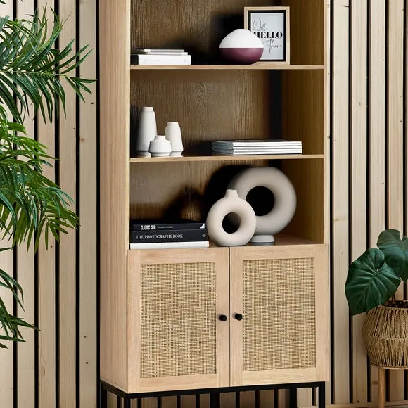 Tall Bookcase with Cupboard - Oak, Rattan image