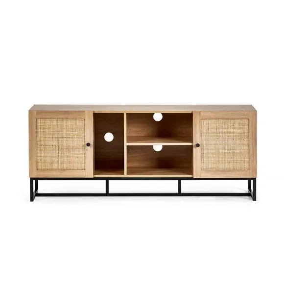 TV Unit with Rattan Fronts - Oak, Wood