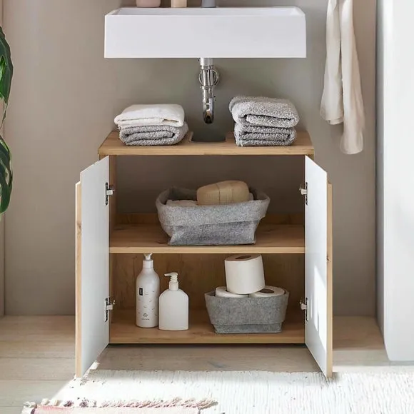 Under Sink Cabinet with Slatted Doors - Brown, Wood