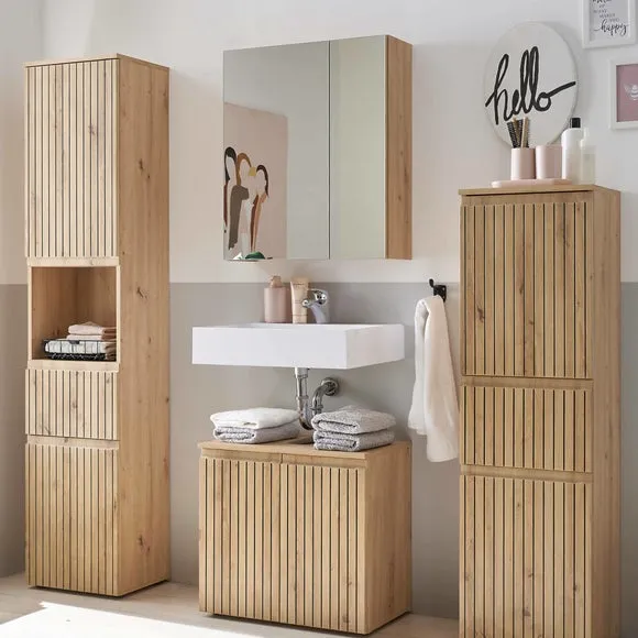 Under Sink Cabinet with Slatted Doors - Brown, Wood